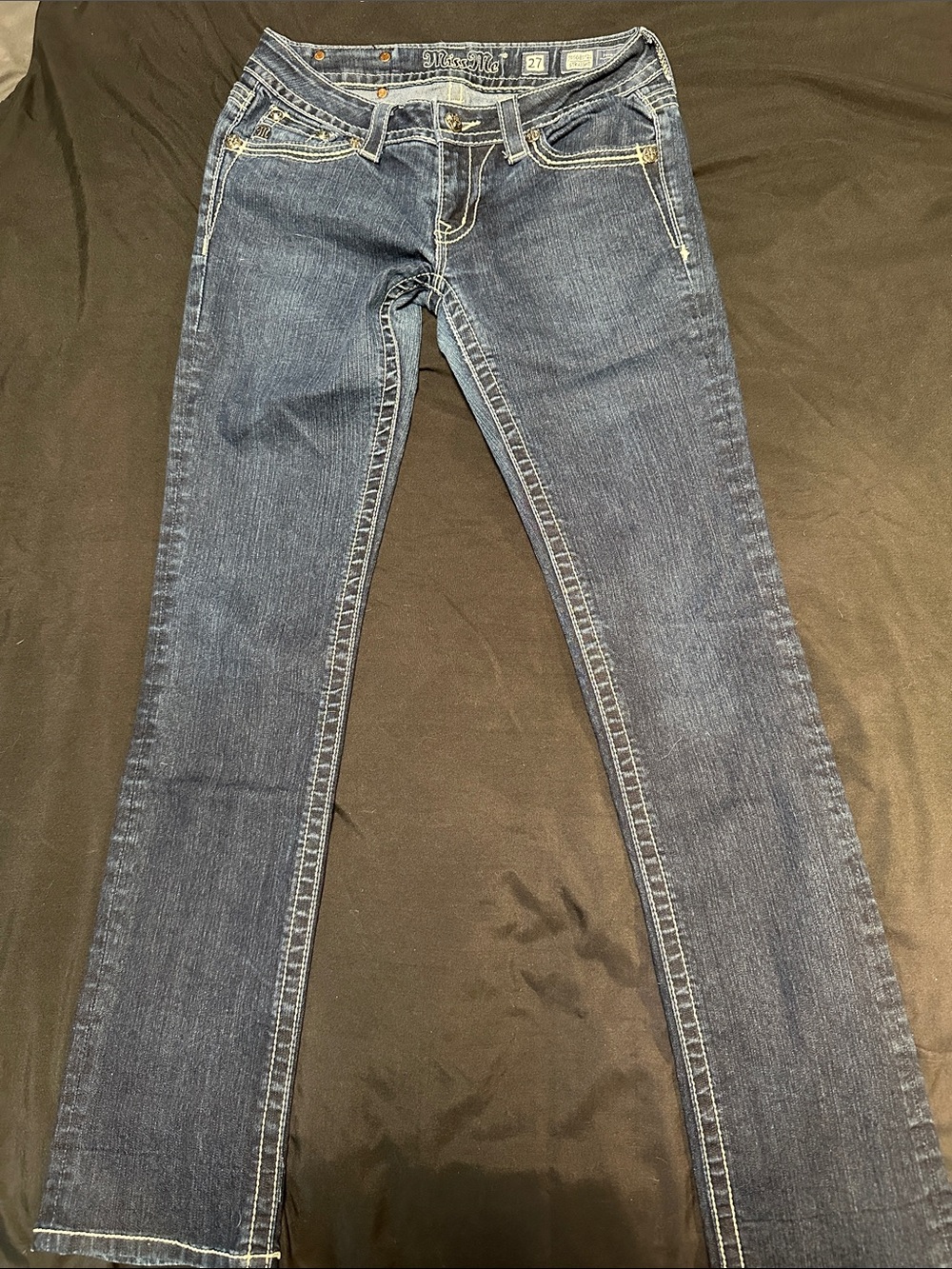 Miss Me Dark Blue Boot Cut Jeans with Contrast Stitching